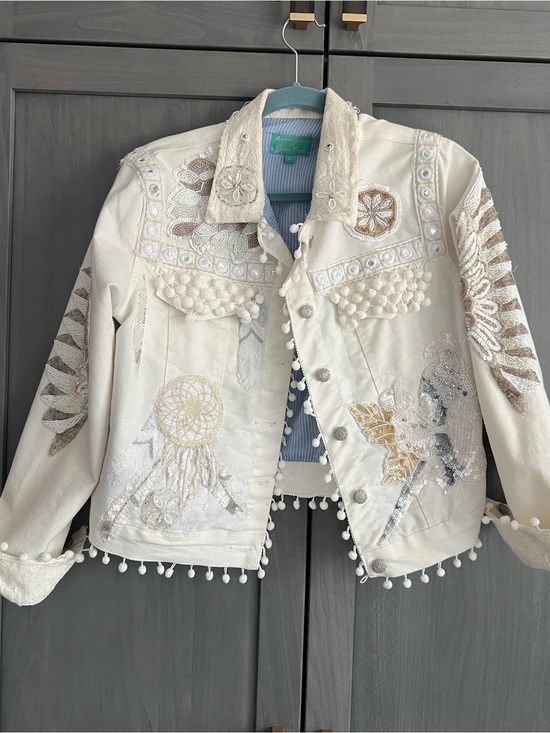 Antica Sartoria Jackets & Blazers - Antica Santoria Embellished White Denim Jacket with Pom Pom Details